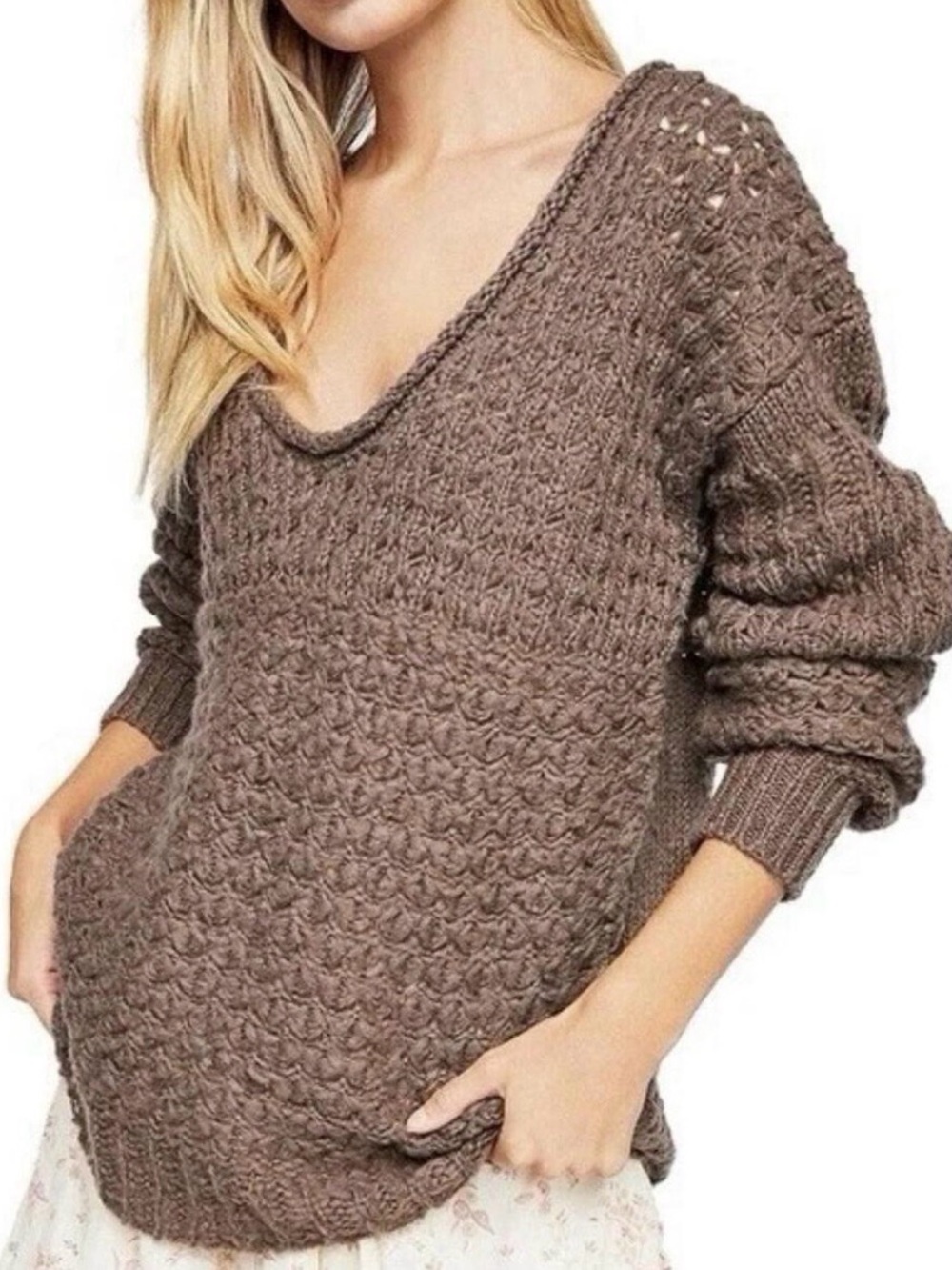 Free People $128 Crashing Waves Pullover Knit Sweater Fall Cocoa Brown Small S